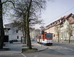 Strausberg, Strausberger Eisenbahn SL 89 (CKD T6C5 30 - Bj 1998) August-Bebel-Straße (Endstation Lustgarten) am 1. April 2007. - Scan eines Farbnegativs. Film: Kodak Gold 200-6.
Kamera: Leica C2.