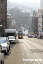 Stuttgart Linie 15 im Februar 2005. Die Straenbahn erklimmt das steilste Teilstck in der Alexanderstrae Richtung Fernsehturm.