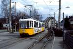 Eine GT4-Doppeltraktion mit dem führenden GT4 721 hält am 01.03.1987 in Echterdingen Hinterhof.