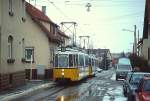 Den Endpunkt Gerlingen durchfuhr die Linie 13 in einer großen Schleife, am 10.02.1991 sind GT4 407 und ein weiterer GT4 in der Schillerstraße unterwegs