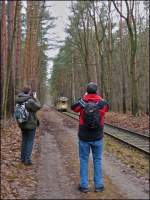 - Die Bahnfotografen und ihr Sujet - Zwischen dem S-Bahnhof Rahnsdorf in Berlin und der Haltestelle Goethestrae in Woltersdorf fhrt die Trasse der Woltersdorfer Straenbahn durch ein Waldstck und