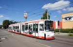 Straßenbahn Zwickau: MAN / AEG GT6M der SVZ Zwickau - Wagen 905, aufgenommen im August 2016 an der Haltestelle  Steinkohlenwerk / Glück-Auf-Center  in Zwickau.