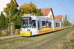 Straßenbahn Mainz / Mainzelbahn: Adtranz GT6M-ZR der MVG Mainz - Wagen 214, aufgenommen im Oktober 2018 in Mainz-Bretzenheim.