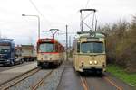 VGF Düwag Pt Wagen 128 und Düwag O Wagen 111am 16.03.19 bei einer Sonderfahrt in Frankfurt Hugo Junkers Straße 