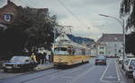 Tw 205 der Bonner Straßenbahn fährt im Sommer 1992 am Hindenburgplatz in Richtung Endhaltestelle Dottendorf