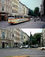 Die Düsseldorfer Rheinbahn einst und jetzt: Bis zum 15.12.1993 verkehrten die Linien 704 und 709 in Richtung Graf-Adolf-Platz durch die Lorettostraße, in der Gegenrichtung durch die Neusser
