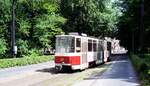 Straßenbahn Görlitz, Niederschlesien__Tw 11 [KT4D-C; ČKD Tatra, 1990; spätere Nr.2311] auf der Rückfahrt von Biesnitz auf dem Sechs-Städte-Platz.__28-06-1992