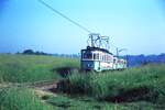 END Straßenbahn Esslingen-Nellingen-Denkendorf__3-Wagenzug mit Tw 6 in den Feldern (> Filder) bei Haltestelle 'Hagenäcker' nach Neuhausen unterwegs.__09-06-1976