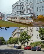 Auch auf der Brunswiker Straße, die der Kieler Gelenksechsachser 267 am 27.04.1985 hinunterfährt, hat sich beim Vergleich mit der unteren Aufnahme vom 08.07.2023 nicht viel geändert,