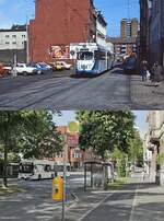 In der Schulstraße im Kieler Stadtteil Gaarden existierte ein eingleisiges Streckenstück, das der GT6 262 am 27.04.1985 durchfährt.