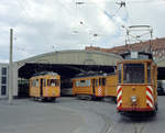 Kiel KVAG Arbeitstriebwagen, u.a. 352, im Straßenbahnbetriebsbahnhof am 9. Juni 1968. - Scan von einem Farbnegativ. Film: Kodacolor X.