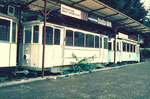 Museum Marxzell: Zwei Straßenbahnwagen im Freien- ATW 32 (Straßenbahn Reutlingen) und TW 12 (TW 14 ?) der Heidelberger Straßenbahn (sollte nachgeprüft werden!) Datum unbekannt 