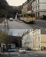 Spurensuche bei der Wuppertaler Straßenbahn: Um 1984 verläßt der WSW-Triebwagen 3830 als Linie 608 die Haltestelle Rudolfstraße auf der Schönebecker Straße, im Hintergrund der Viadukt der 1877 eröffneten Wuppertaler Nordbahn von Vohwinkel nach Wichlinghausen, die inzwischen als Radweg genutzt wird. Auf dem unteren Bild trifft am 14.03.2020 ein Bus der Linie 640 an der gleichen Haltestelle ein.