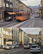 Spurensuche bei der Wuppertaler Straßenbahn: Um 1984 fährt der ex Dortmunder Triebwagen 3827 die Loher Straße hinauf, darunter ein Blick vom selben Standpunkt am 14.03.2020. Einige Monate später, im Januar 1985, brannte dieses Fahrzeug nach einem Kurzschluß aus.