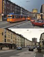 Spurensuche bei der Wuppertaler Straßenbahn: Zwei Züge der Linie 611 begegnen sich um 1985 auf der Heckinghauser Straße an der Haltestelle Schnurstraße, im Vordergrund ein Fahrzeug