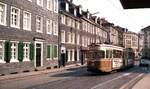 Tw 3828 [ex Tw 44 Dortmund;GT8 Hansa 1959 >1983 WUP;1987+] noch in den Dortmunder Farben auf Linie 608 zum 'Klinikum Barmen' an der Haltestelle 'Rudolfstr.' in der Schönebecker Str.__06-1984