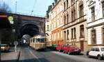Tw 3828  [ex Tw 44 Dortmund;GT8 Hansa 1959 >1983 WUP;1987+] noch in den Dortmunder Farben auf Linie 608 zum 'Klinikum Barmen' an der Haltestelle 'Rudolfstr.' in der Schönebecker Str.__06-1984