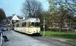 Tw 3830 [ex Tw 45 Dortmund;GT8 Hansa 1959>1983 WUP;1987+] auf Linie 608 wartet in der Endschleife 'Klinikum Barmen' auf die Abfahrt nach Langerfeld Dieselstr.__06-1984