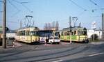 Endschleife Langerfeld Dieselstr.: Tw 3830 [ex Tw 45 Dortmund;GT8 Hansa 1959 >1983 WUP;1987+] auf Linie 608 nach 'Klinikum Barmen'und Tw 3808 [DUEWAG GT8 1953/55 (1963 mit Mittelteil verlängert);ab 1987> Graz] auf Linie 611 zum 'Gabelpunkt'.__06-1984