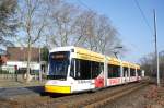 Straßenbahn Mainz: Stadler Rail Variobahn der MVG Mainz - Wagen 223, aufgenommen im Februar 2016 in Mainz-Gonsenheim.