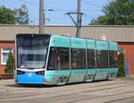 6N-2  Werbewagen 612(Wir bauen mehr als Häuser)stand am Nachmittag des 10.06.2022 auf dem Betriebshof der Rostocker Straßenbahn AG.