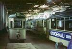 AVG Straßenbahn Augsburg__Tw 179 [sog. Schwendwagen, MAN 1938] sowie 2 ex Aachener Tw [Talbot 1951 als Verbandstyp, Umbau 1958 zum Gelenkwagen, 1973 nach Augsburg geliefert]. Tw 403 als historisches Fz.vorhanden.__09-03-1974