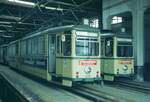 AVG Straßenbahn Augsburg__Tw 408 und 404 ex Straßenbahn Aachen [Talbot, 1951 als Verbandstyp, Umbau 1958 zum Gelenkwagen, 1973 nach Augsburg geliefert].Tw 403 als historisches Fahrzeug vorhanden.__09-03-1974