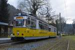 Gotha TB7 #6 mit dem Beiwagen Gotha B2-62 #22 wartet auf Abfahrt nach Lichtenhainer Wasserfall. Bad Schandau, 13.02.2018. 