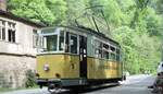 Kirnitzschtalbahn__Tw 5 [T2, Gotha 1943, ex Lockwitztalbahn] an der Abfahrtstelle in Bad Schandau.__11-05-1990   [alle Fz.daten lt.