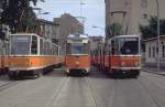 BVB 1990,von links,ein T6,ein Reko und ein KT4D Strassenbahnzug an der Endhaltestelle am Hackeschen Markt  (Archiv P.Walter)