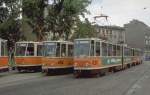 BVB 1990.Von links n.rechts ein T6,ein KT4Dt und ein KT4D Strassenbahnzug an der Endhaltestelle am Hackeschen Markt.