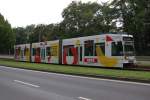 BOGESTRA Straenbahn 427 A, versehen mit REWE-Werbung, auf der Linie 302 mit Ziel GE-Buer Rathaus, gesehen am 11.09.2007 in Gelsenkirchen an der Kurt-Schumacher-Allee.