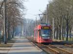 Im Stundentakt verbindet die Linie 12 sonntags die Anton-Saefkow-Allee mit der Quenzbrücke, an anderen Wochentagen gibt es diese Linie nicht. Als einziges Fahrzeug auf der Strecke pendelte heute Wagen Nummer 103, eines von vier im Jahre 1995 beschafften Niederflurfahrzeugen des Typs MGT6D. Gördenallee vor der Station Geranienweg, 15.2.2015