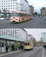 Der Zufall wollte es, dass auf dieser Vergleichaufnahme gleich zwei Museumsfahrzeuge abgebildet sind: Oben kommt - damals noch im Plandienst und mit Vollwerbung - der heutige Museumstriebwagen 557 im