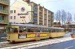 Bremen Tw 824 mit Bw 922 am Doventorsteinweg, 05.01.1987.
