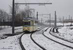 Am Tag der Erffnung des neuen Streckenabschnitts von der Strae der Nationen zum Hauptbahnhof, befhrt der historische Triebwagen 802 der Chemnitzer Straenbahnfreunde am 16.02.2013, kommend vom Hbf..