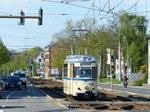 Gothaer Triebwagen Nr. 802 in Altchemnitz auf Sonderfahrt in Richtung Hutholz. Das Fahrzeug wurde 1958 gebaut und kann für Fahrten mit bis zu 22 Personen gemietet werden. 7.5.2016