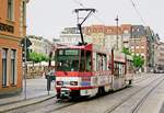 02. August 2003, Cottbus, Straßenbahn, Tw 149 fährt als Linie 3 am Altmarkt nach Madlow. Scan vom Color-Negativ.