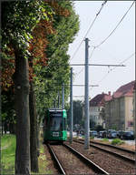Zwischen Bäumen und Masten -    Eine Flexity Classic-Tram in in der Heidestraße in Dessau-Süd.