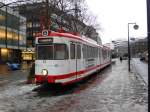 Ein ausgemusterter DWAG-GT8 der Dortmunder Stadtwerke steht am 06.01.2011 als Teil eines Restaurants im Bereich der aufgegebenen Straenbahnhaltestelle  Kampstrae  in Dortmund.