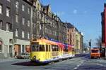 Dortmund Tw 1 in der Bornstrae, Blick von der Kreuzung Mallinckrodtstrae aus, 27.04.1986.