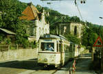 21.10.1984: Straßenbahnzug der Linie 4 auf der Pillnitzer Landstraße in Dresden-Loschwitz.