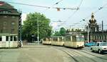 Straßenbahn Dresden__2x 3-Wagenzug mit Bw 263-048-0 am Schluß [B57, VEB Gotha 1961; 1991+] __05-1990