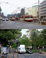 Die Düsseldorfer Rheinbahn einst und jetzt: Viele Jahrzehnte verkehrten die Straßenbahnen in dichter Folge auf der Heinrich-Heine-Allee, dies änderte sich im August 1988 mit der Inbetriebnahme des U-Bahn-Tunnels zum Hauptbahnhof. Seit 1981 fuhren schon die aus dem Düsseldorfer Norden kommenden Linien durch den kurzen Tunnel zum Kennedydamm, sie benutzen die beiden äußeren Gleise der viergleisigen Station. Die innenliegenden Gleise wurden von den aus dem Linksrheinischen kommenden Linien benutzt. Auf dem oberen Bild, das Mitte der 1980er Jahre entstand, treffen sich der aus Neuss kommende Stadtbahnwagen B80 4217 und ein GT8SU, der kurz vorher über die Tunnelrampe wieder ans Tageslicht gelangt ist. Unten die Situation 2011. Heute spielt sich der Schienenverkehr komplett unterirdisch ab: Auf zwei Ebenen mit insgesamt sechs Bahnsteiggleisen kreuzen sich hier .die Stadtbahnlinien mit der Ost-West-U-Bahn.