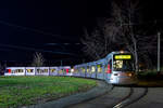 Am Abend des 15.2.2019 sind die NF8U-Triebwagen 3308 und 3349 auf der Linie U73 in der Wendeschleife am Düsseldorfer S-Bahnhof Gerresheim zu sehen.