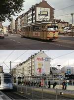 Die Haltestelle am Bahnhof Düsseldorf-Bilk (heute Bilk S) Einst & Jetzt: Seit 2016 endet hier der U-Bahn-Tunnel, den der NF8U 3335 am 04.03.2020 verlässt, etwa 40 Jahre vorher ist der Sechsachser 2305 an derselben Stelle unterwegs