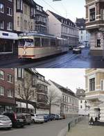 Ab 1902 fuhr die Straßenbahn durch das Zentrum von Gerresheim, das 1909 nach Düsseldorf eingemeindet wurde. Seit November 1988 nehmen die Bahnen allerdings einen anderen Weg über den parallel verlaufenden Wallgraben. Etwa zwei Wochen vor der Einstellung fährt der GT8 2663 im November 1988 das Kölner Tor entlang in Richtung Gerresheim Bahnhof, darunter die Situation im jetzt straßenbahnfreien Ortskern am 23.02.2021.