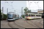 Der VV Prototyp 3601 steht am 16.05.2010 direkt neben dem 100. von DWag fr die Rheinbahn gebauten Gelenktriebwagen im Betriebshof Heerdt. Bei einer Fhrung durch den Betriebshof fotografiert.
