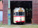 Zusehen ist ein Düwag T4 Straßenbahn Wagen ex Düsseldorf exex Neuss im Hannoversches Straßenbahn Museum Sehnde-Wehmingen am 7.7.2024