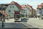 Duewag/Siemens MGT6DE, Wagen 616 mit Werbung für die Wohnungsbau-Genossenschaft  Erfurt  eG, der Erfurter Verkehrsbetriebe AG (SWE EVAG) als Linie 6 von und nach Rieth Gleis 3 fährt in der